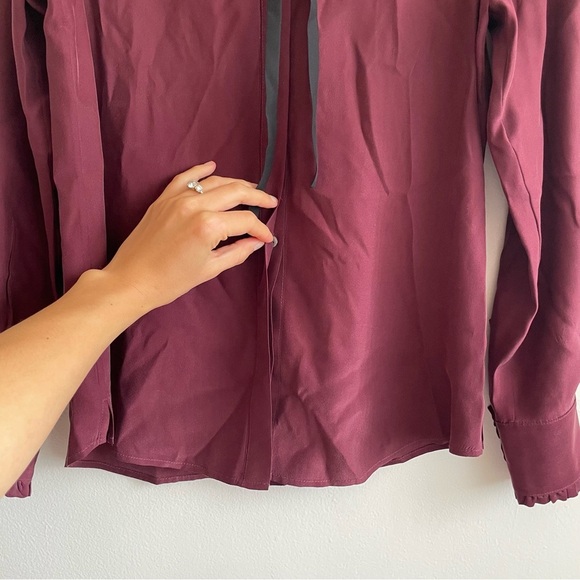Frame Ruffle Neck Contrast Tie Silk Blouse XS burgundy Edwardian renaissance red - Picture 13 of 14